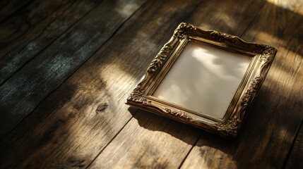 Antique Gold Frame on Rustic Wooden Surface