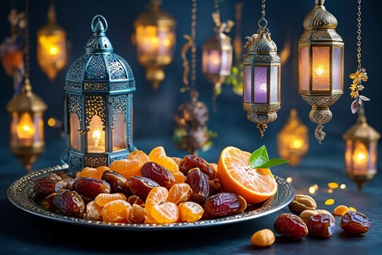 A glowing traditional lantern surrounded by dates on a wooden table, set against a vibrant blurred background