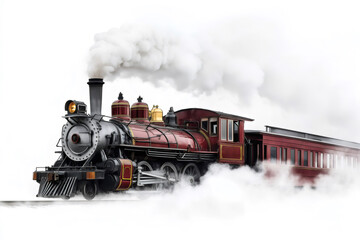 Classic red steam train emitting white smoke, traveling on a railway track against a bright white backdrop