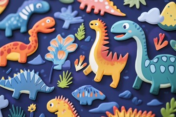 Playful and vibrant dinosaur stickers featuring various species and prehistoric plants, perfect for children's crafts and decorations
