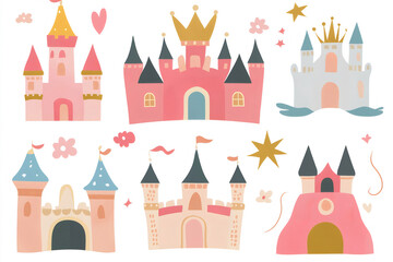 Pink and pastel fairytale princess castles adorned with gold crowns, waving flags, and stars, ideal for children's designs and decorations