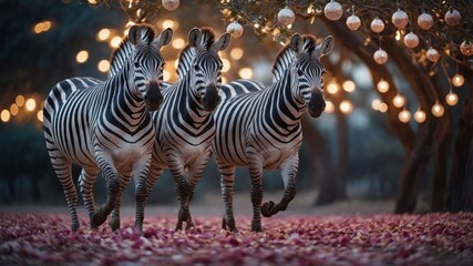 Fototapeta premium Three zebras walking through a flower-strewn path under decorative lights.