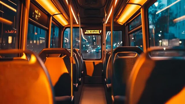 modern bus cabin with empty seats at night
