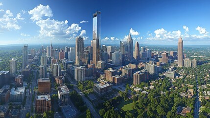 Fototapeta premium Aerial view sunny city skyline, urban landscape, background mountains, tourism brochure