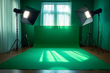Brightly lit green screen studio setup with soft natural light streaming through windows, ideal for filming