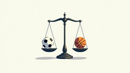 Black vintage balance scale with soccer ball and basketball weighing, sports comparison concept, creative minimalist design, neutral background, infographic, business presentation, fair decision maki