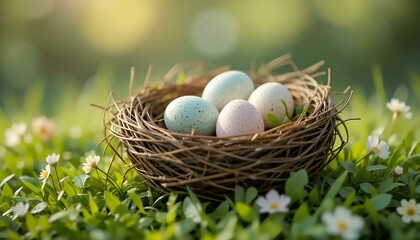 Obraz premium Charming Easter eggs nestled in a natural woven nest on a grassy field adorned with small flowers 