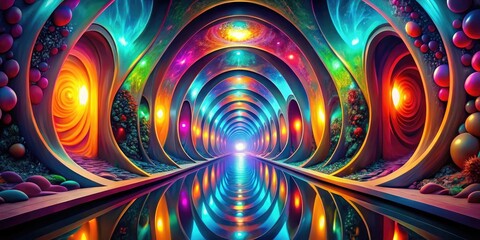 A kaleidoscope of colors and shapes merge into a dreamlike landscape of infinite corridors and twisted tunnels, creating an otherworldly atmosphere, abstract art, dreamlike
