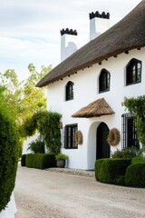 Fototapeta premium Beautiful white house with thatched roof surrounded by lush greenery and stone pathway in a serene countryside setting under a clear sky