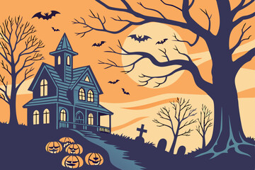 Halloween night, spooky haunted mansion, glowing windows, full moon, eerie sky, jack-o'-lanterns in a row, carved pumpkins, glowing pumpkin faces, misty atmosphere, bare trees, graveyard silhouettes, 