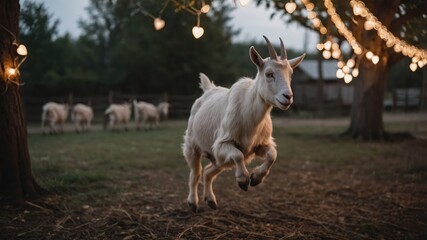 Fototapeta premium A playful goat leaps in a softly lit outdoor setting with other goats in the background.
