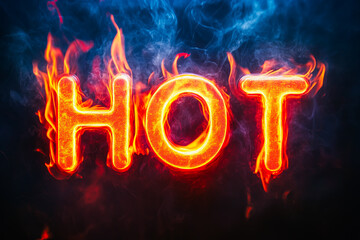 Front view burning sign HOT with effect of flames on abstract blue dark background with smoke effect.