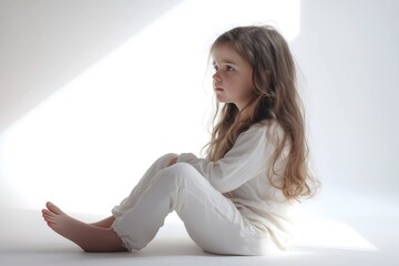 Fototapeta premium Sad little girl with long brown hair wearing white clothes sitting on white background is feeling lonely