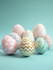 Fototapeta premium 3D Illustration. Easter eggs with different patterns on pastel color isolated background. Happy Easter concept.