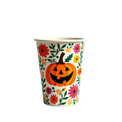 festive paper cup with a jack-o'-lantern and floral