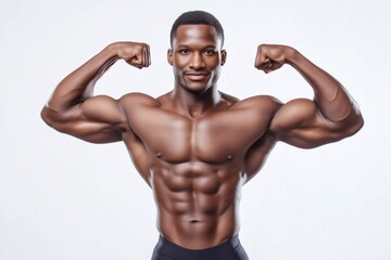 Fototapeta premium Young African American athlete showing his perfect trained body, flexing his biceps in studio shot on white background
