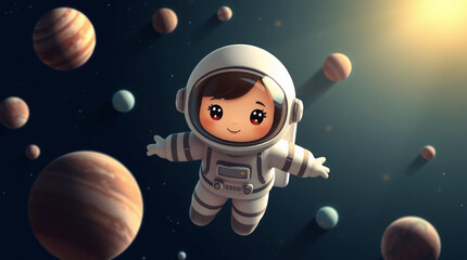 An astronaut floating in space, with planets and stars around them