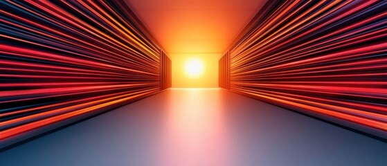 Fototapeta premium A vibrant corridor illuminated by a glowing sunset, featuring dynamic, colorful lines that create a sense of depth and movement.