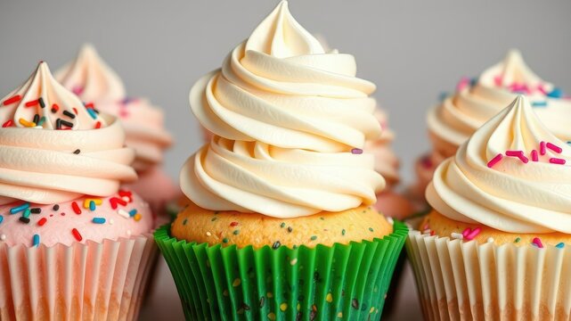 A stack of cupcakes with different colored sprinkles and fluffy whipped cream on top, festive atmosphere, whipped cream, cupcakes