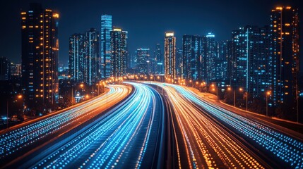 Obraz premium Night city highway light trails, urban backdrop