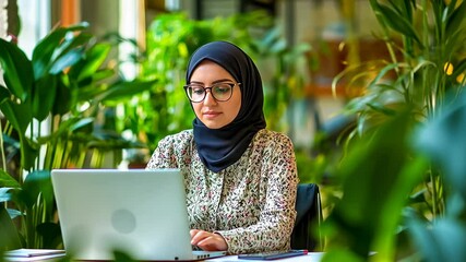 Young Arab woman working laptop Professional sitting desk library Calm studious environment natural light Researcher examining content computer screen Daytime scholarly activities university Academic