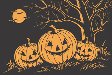 Halloween pumpkins, jack-o'-lanterns, glowing carved faces, eerie orange light, dark background, spooky atmosphere, multiple pumpkins, varied expressions, haunting smiles, photorealistic rendering, hi