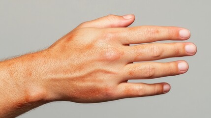 Skin Damaged Sun Concept, Close-up of Sunburned Skin on Back of Hand Highlighting Prominent Veins and Natural Skin Tone Variation