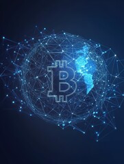 Blockchain technology futuristic hud background with world globe and blockchain polygon peer to peer network. Global cryptocurrency fintech business banner concept. Low poly design. Horizontal layout