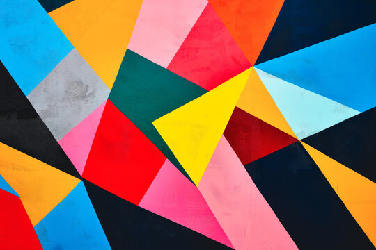 Abstract geometric colourful wall with different triangular and quadrangular shapes.