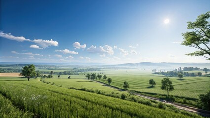 Naklejka premium A sunny and peaceful atmosphere in a wide open space under a clear cloudless sky, open field, sunny, nature, countryside, serene scene