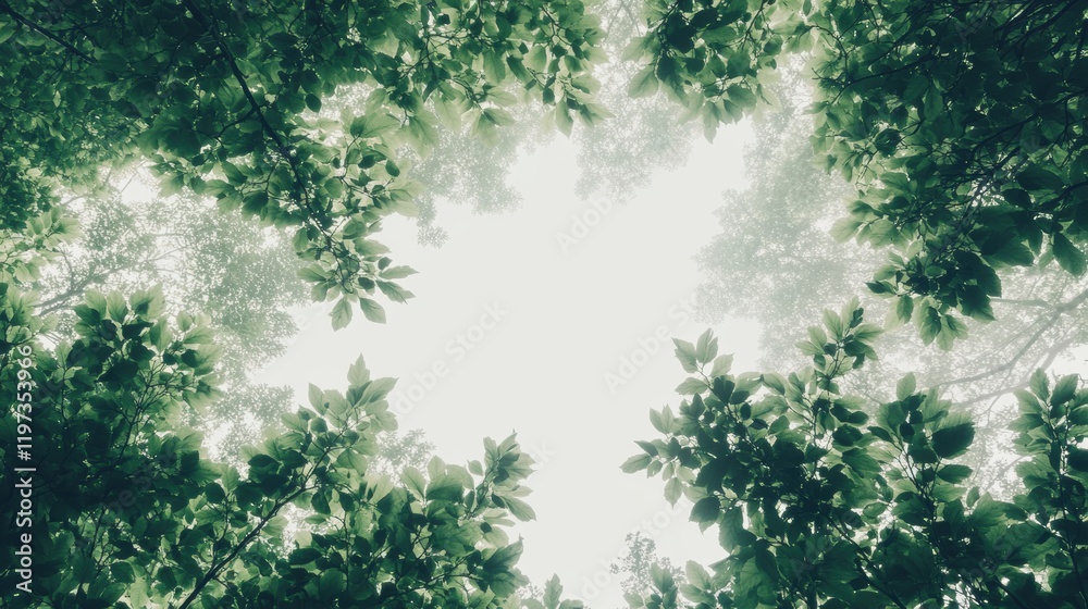 Poster view of lush green foliage framing a bright sky during the day in a serene natural setting. generati