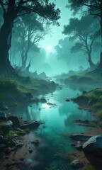 Obraz premium A teal mist rises from the ground, shrouding everything in a soft blue-green veil, mysterious terrain, blurred landscape