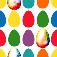 Colored watercolor Easter eggs with flowers on white background.  Easter seamless pattern, vector illustration.  Texture for fabric, wrapping, wallpaper, print
