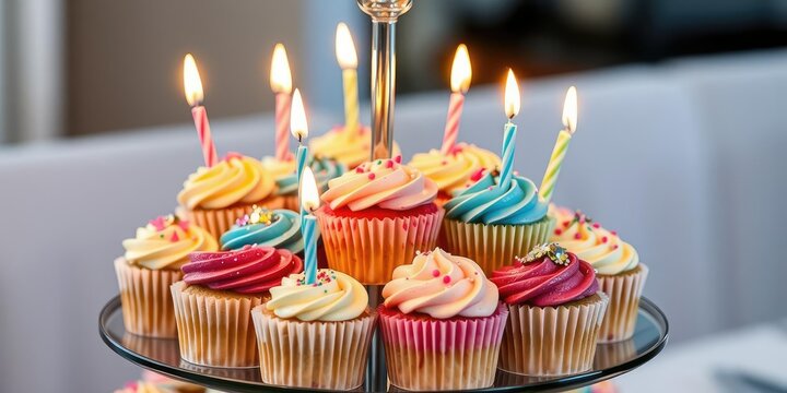 A tiered serving dish filled with an assortment of colorful cupcakes adorned with sparkly decorations and lit candles, bright colors, cupcake stack