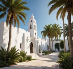 A tranquil scene of a whitewashed church and palm trees in Vejer's gardens , flower beds, garden paths, arches
