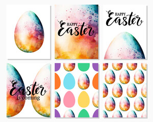 Set of Easter greeting card.Colored watercolor Easter eggs on white background.  Easter seamless pattern, cards, posters. Vector illustration.  Texture for fabric, wrapping, wallpaper, print