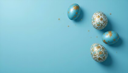 Colorfully decorated Easter eggs on a soft blue background with copy space