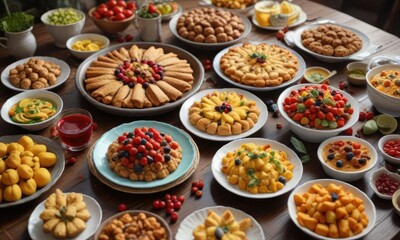 A bountiful table spread with a variety of dishes and desserts , colorful , harvest, festive