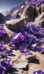 A vast expanse of purple amethyst crystals in a rocky terrain, geological wonders, crystal landscapes