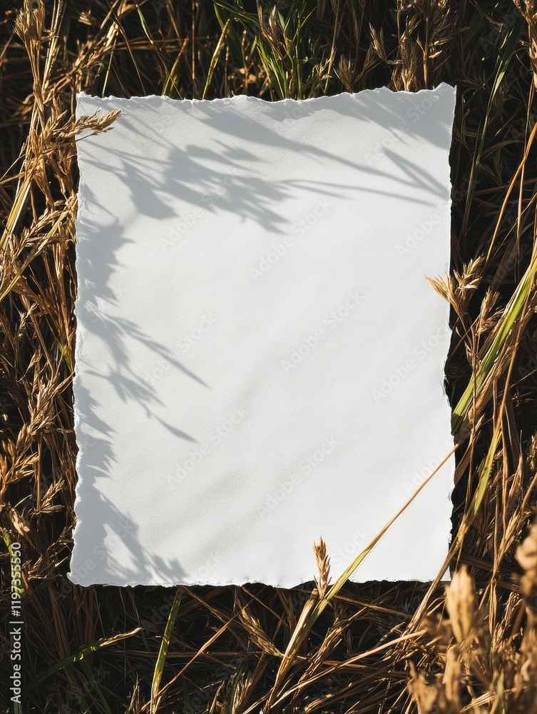 Poster Blank paper lying among tall grass with natural light creating shadows in the background for creative projects. Generative AI