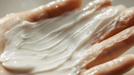 Close-Up of Smooth Cream Being Spread on Hand, Showcasing Texture and Moisture in Natural Lighting for Skincare and Cosmetic Products