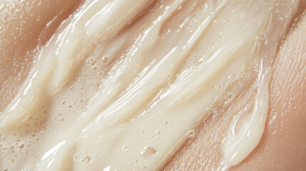 Obraz premium Close-up View of Creamy Moisturizing Lotion Being Applied on Soft Skin with Bubbles and Texture Highlighting Hydration and Skincare Routine
