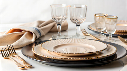 Elegant tableware with gold accents and crystal glasses.
