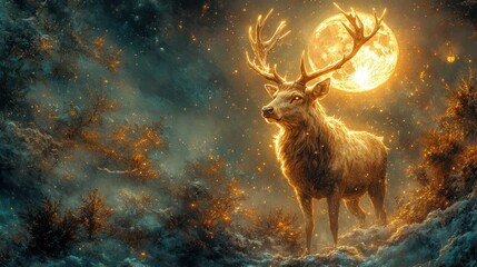 Fototapeta premium Majestic stag silhouetted against a glowing full moon in a mystical winter forest.