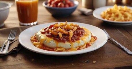 A warm and inviting breakfast plate featuring melted cheddar cheese, caramelized onions, and tangy tomato sauce, plate, comfort