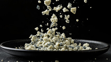 Crumbled Blue Cheese Falling from Above on a Dark Background, Highlighting the Texture and Flavor Profile of Gourmet Ingredients for Culinary Imagery