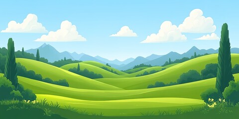 Lush green hills under a bright blue sky with fluffy clouds and distant mountains in a serene landscape setting