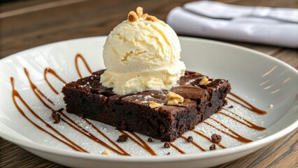 A warm slice of chocolate brownie topped with a dollop of whipped cream and a generous helping of scoop of vanilla ice cream, whip cream, sweet indulgence, treats