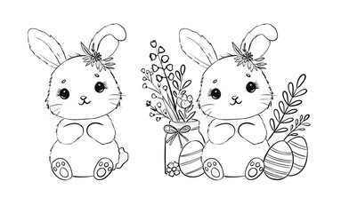 Cute Easter Bunny Coloring Page with Eggs and Flowers for Kids