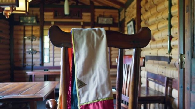 M&eacute;tis sash draped over empty chair in rustic cabin interior.symbol of cultural identity in historical setting.quiet moment reflecting M&eacute;tis traditions in wooden lodge